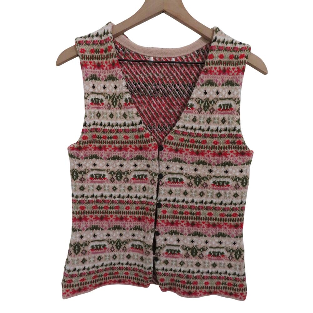 Chenille Fair Isle V Neck Button Front Sweater Vest Top Grandmacore Cottagecore